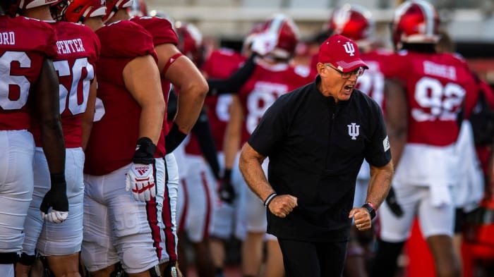 Indiana head coach Tom Allen fires up the Hoosiers before their game against Indiana State at Memorial Stadium on Friday, Sept. 8, 2023.